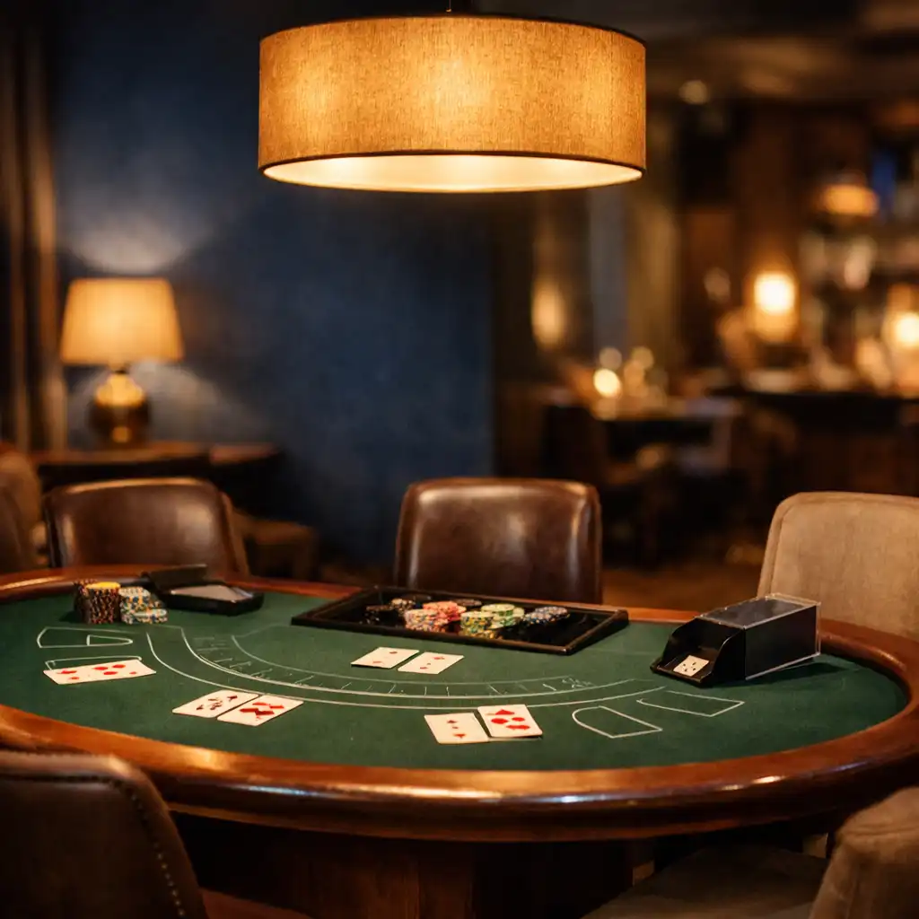 Valódi blackjackasztal elegáns székekkel és meleg fényforrással egy intim lounge-ban