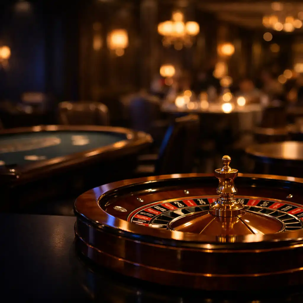 Helyszíni lounge világító rulettkerékkel, kártyaasztallal és blackjackasztal-részlettel