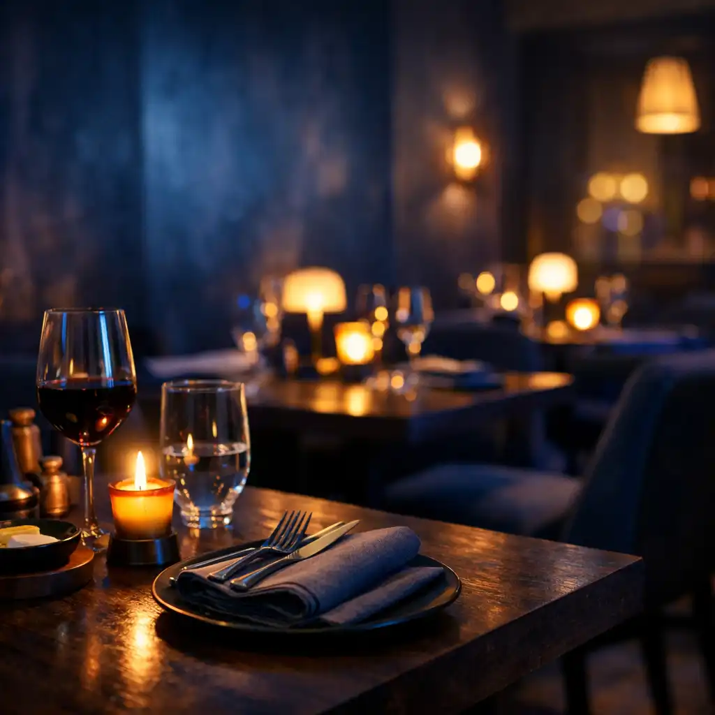 Intim fine dining éttermi enteriőr esti asztali fényekkel
