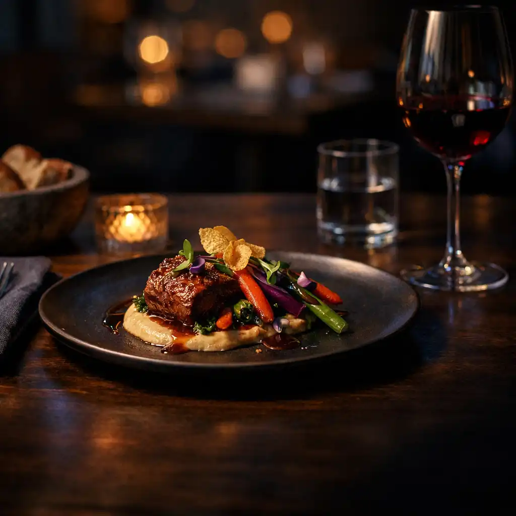 Művészien tálalt fine dining főfogás intim éttermi asztalon