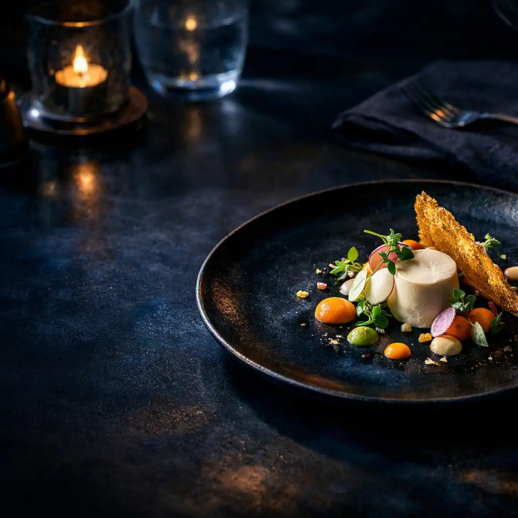 Művészien tálalt fine dining fogás sötét, esti asztalon