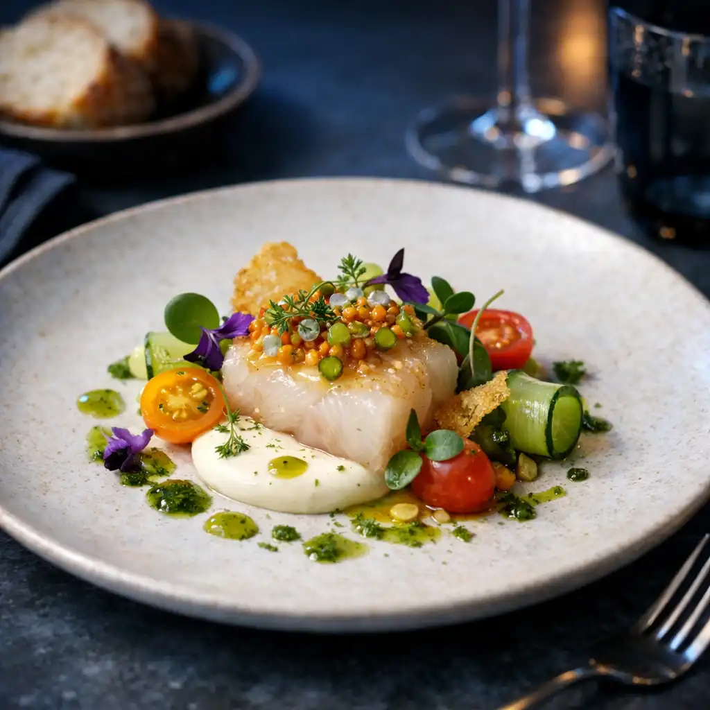 Gondosan komponált fine dining nyitó fogás sötét kőasztalon