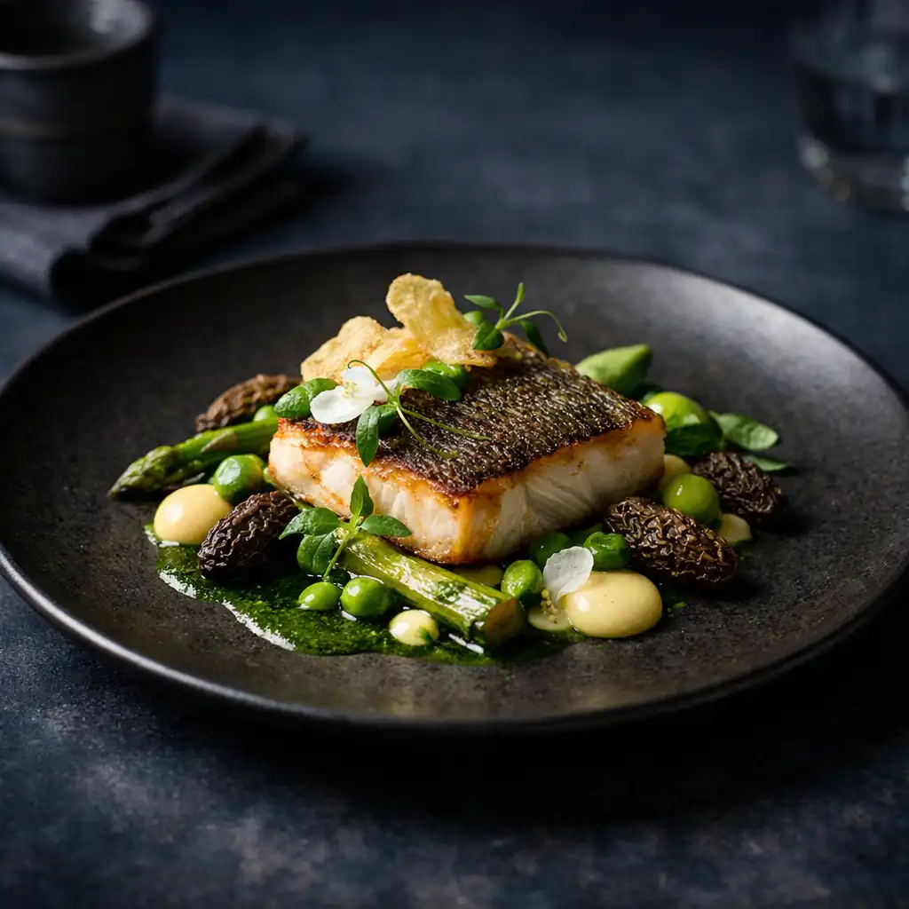 Kifinomultan komponált fine dining fogás sötét éttermi asztalon