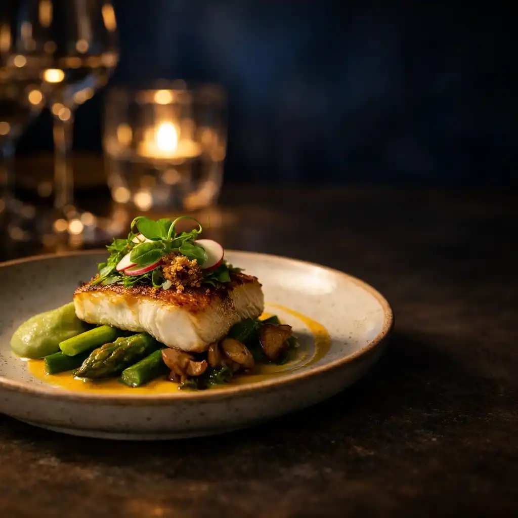 Elegánsan tálalt fine dining fogás sötét, esti asztalon