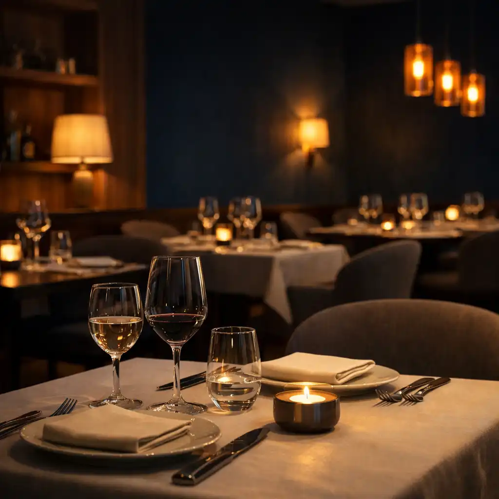 Intim fine dining étkezőterem gondosan terített asztalokkal és meleg esti fényekkel