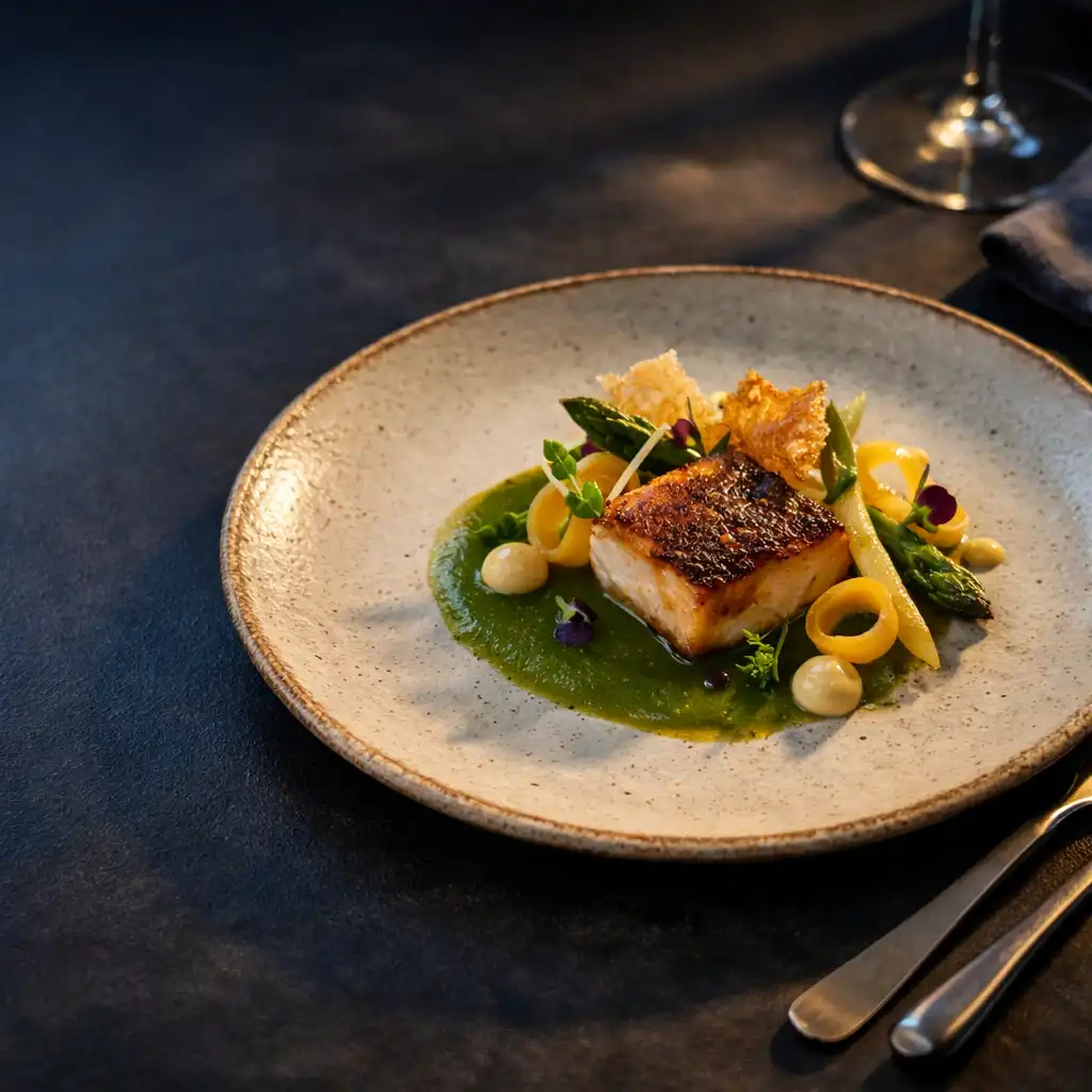 Gondosan tálalt fine dining fogás sötét, elegáns esti asztalon