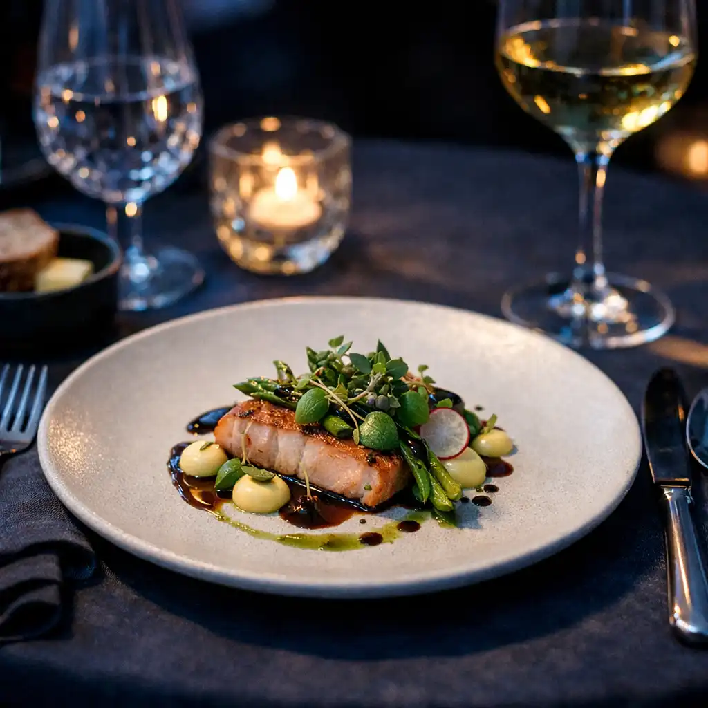 Finoman tálalt fine dining fogás esti asztali részleten