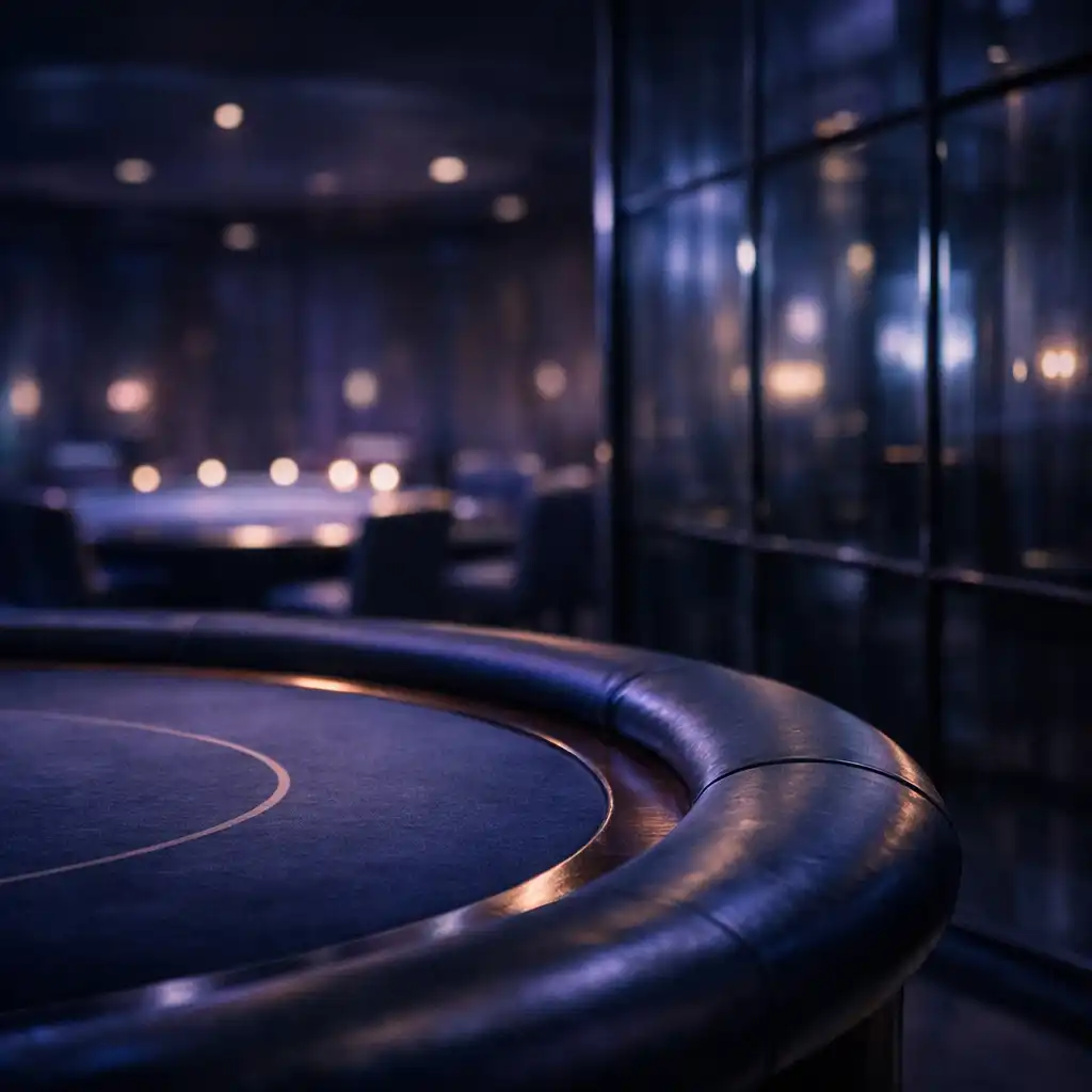 Lounge-részlet valódi blackjackasztal ívével és távoli fényekkel
