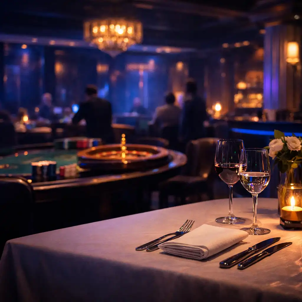 Esti enteriőr megterített asztallal és háttérben lounge-asztalokkal