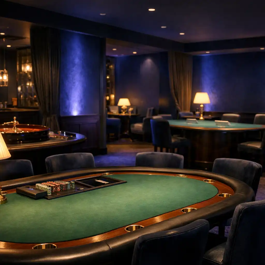 Helyszíni lounge enteriőr valódi póker-, rulett- és blackjackasztalokkal